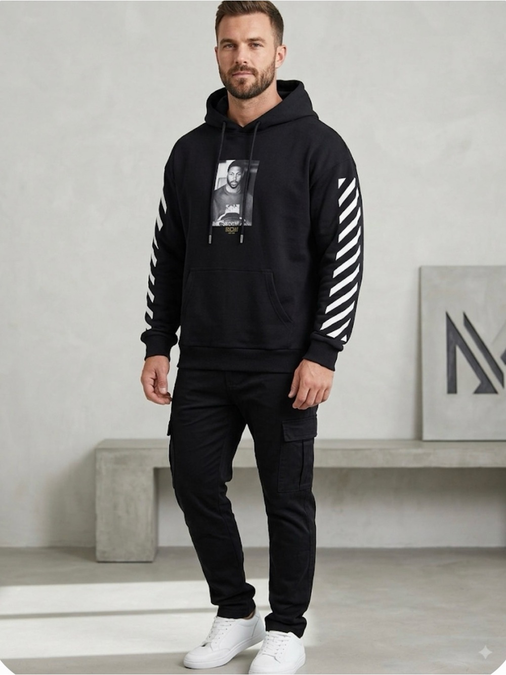 Way Of Wade  Black Graphic Hoodie with White Sleeve Stripes